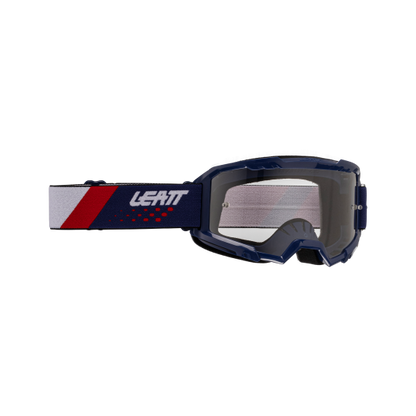 Leatt goggles with blue frame and red and white accents on a white background