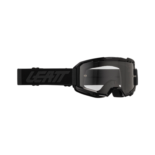 Black goggles with clear lens on a white background