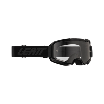 Black goggles with clear lens on a white background