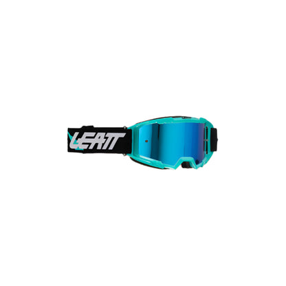 Leatt goggles with blue lens and black frame on a white background