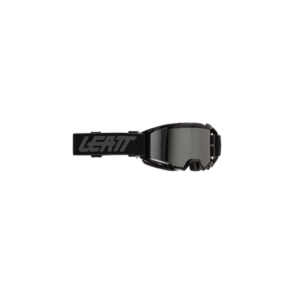 Black goggles with a visible brand logo on a white background