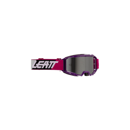 Leatt goggles with pink frame and clear lens on a white background