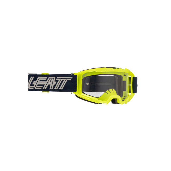 Yellow goggles with black strap featuring 'Leatt' brand on a white background