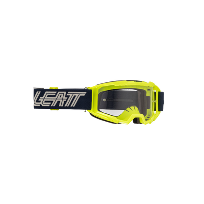 Yellow goggles with black strap featuring 'Leatt' brand on a white background