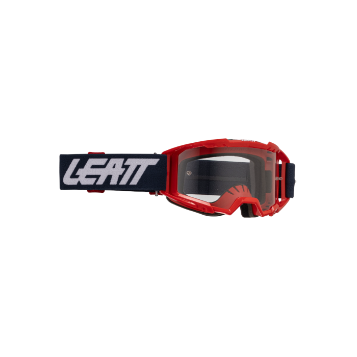 Red goggles with a black strap featuring 'Leatt' branding on a white background