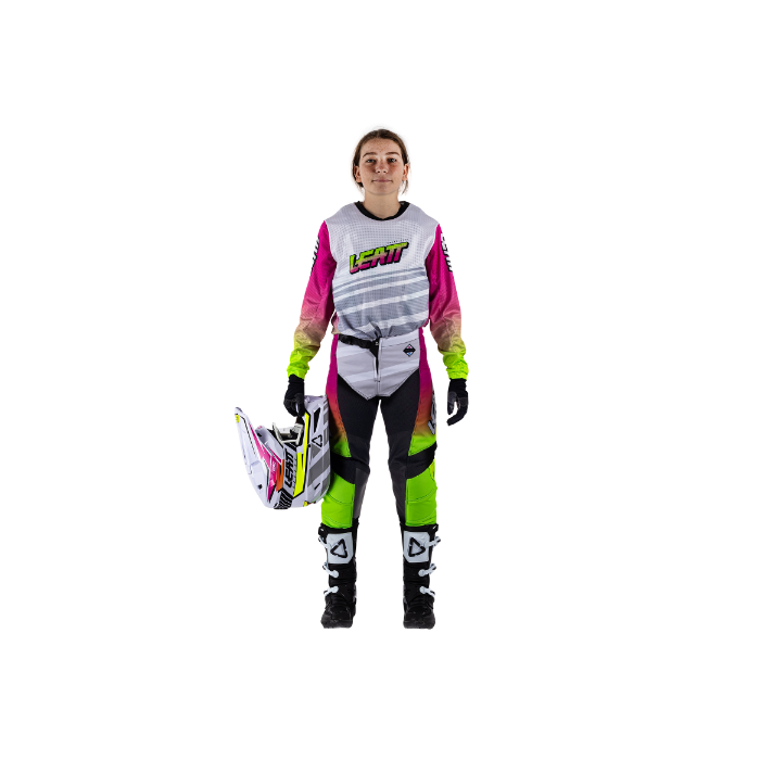 Person wearing a motocross outfit with Leatt branding on a white background
