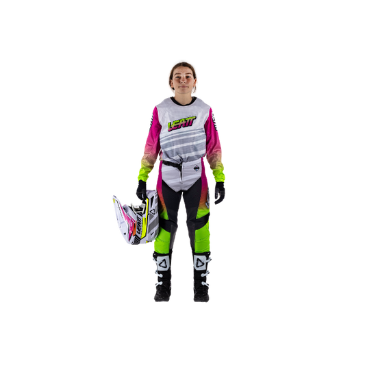 Person wearing a motocross outfit with Leatt branding on a white background