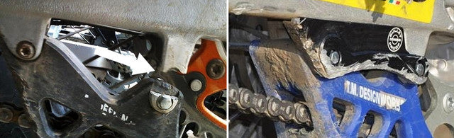 Bullet Proof Designs swingarm guard for KTM, Husqvarna, and GasGas dirt bikes protects chain guide tabs from rocks, roots, and trail damage