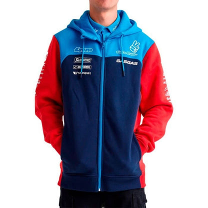 Blue and red GASGAS hoodie with various logos on a white background